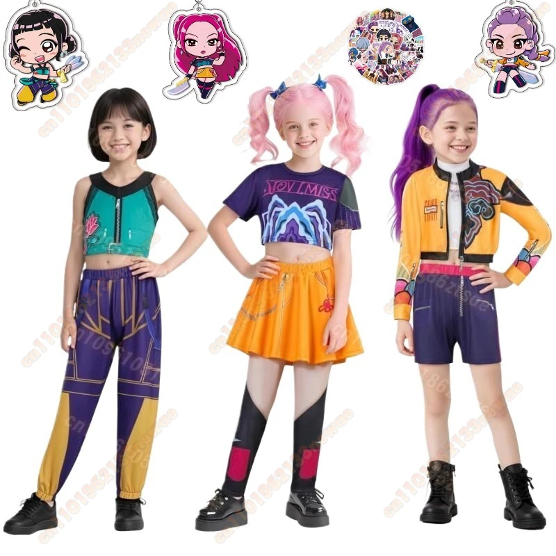 MINISO K-POP 악마 헌터 Rumi Mira Zoey 코스프레 의상 세트 어린이 할로윈 탑 바지 티셔츠 스커트 애니메이션 액세서리 앙상블