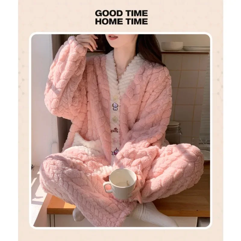 pajama Lady Lovely Apricot Panda thickened warm flannel coral velvet homewear set princess style Sleepwear 2024  Autumn /Winter