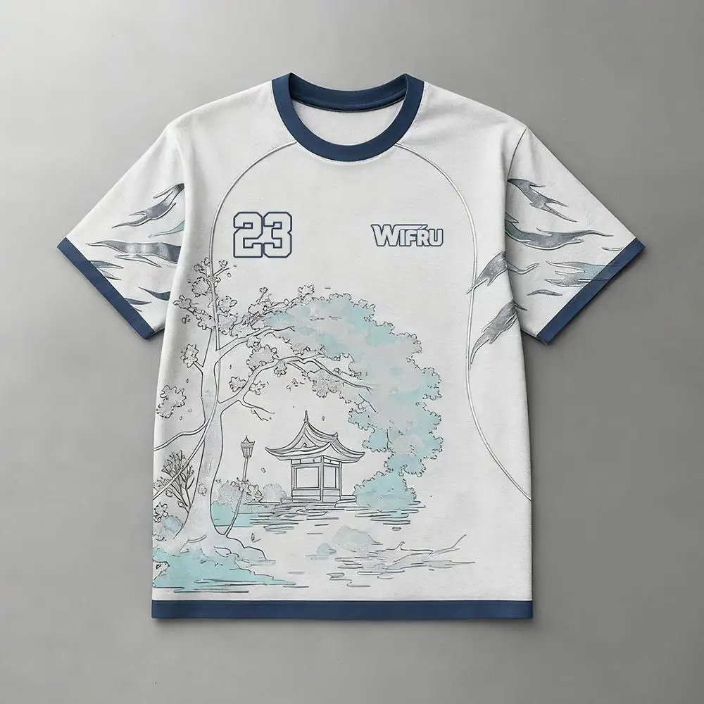 Traditional Ink Painting Graphic Football T-shirt WIFRU Japanese Anime Style Sports Training Jersey Men's Breathable Casual Tops - Detail 1