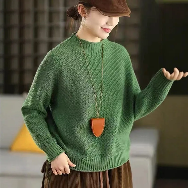 Nuevo suéter Retro liso con cuello simulado para mujer, jerséis tejidos de algodón peinado, tejido suelto, camiseta de fondo de otoño de gama alta