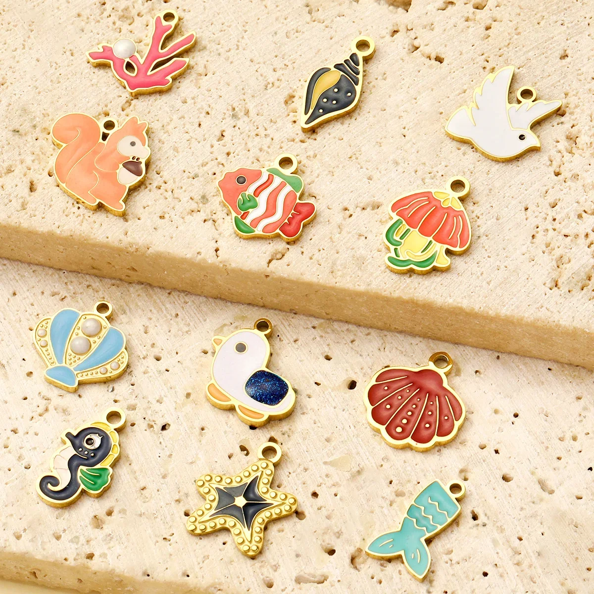 3pcs/Lot French Stainless Steel Enamel Dove Bird Squirrel Bracelet Charms Shell Conch Coral Fish Tail DIY Pendants Animal Jewelr