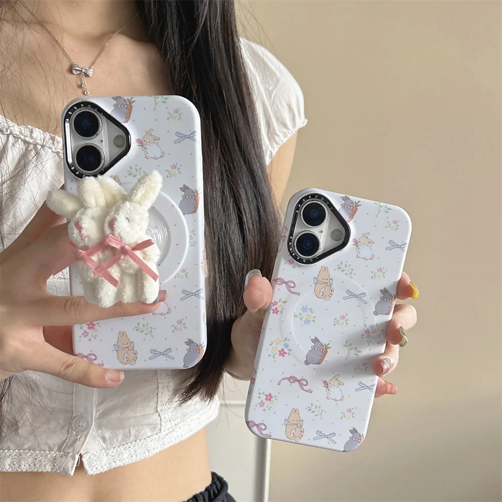 

Korean little flower cute plush rabbit magnetic stand protective cover for iPhone 13 14 15 16 17 Pro Max Funda new 17 Phone Case