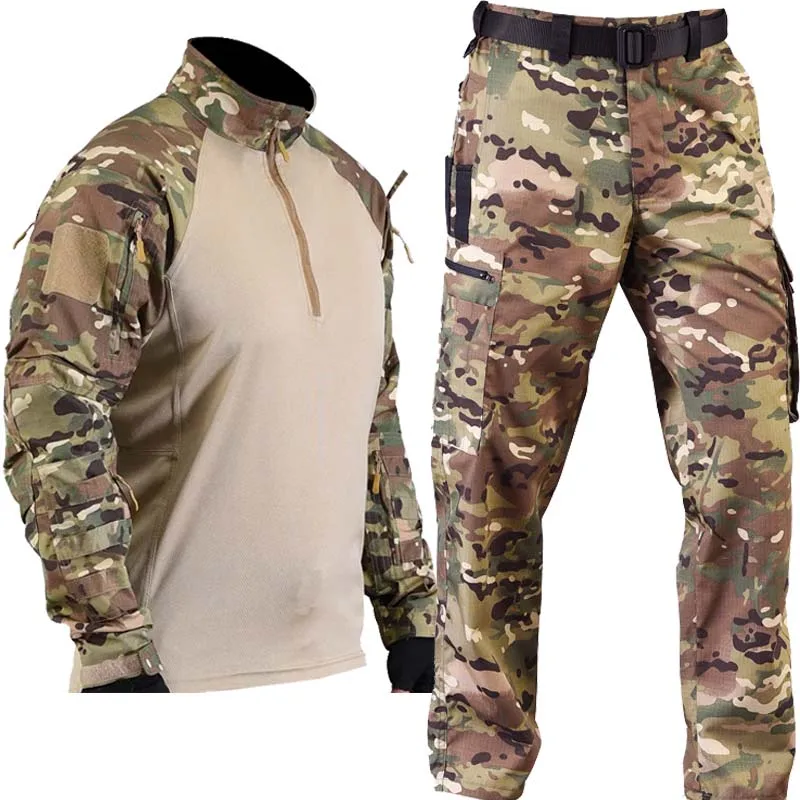 Men's Tactical Frog Suit Set Olive Green Long Sleeve Stand Collar Shirt & Tactical Pants Outdoor Combat Training Hunting