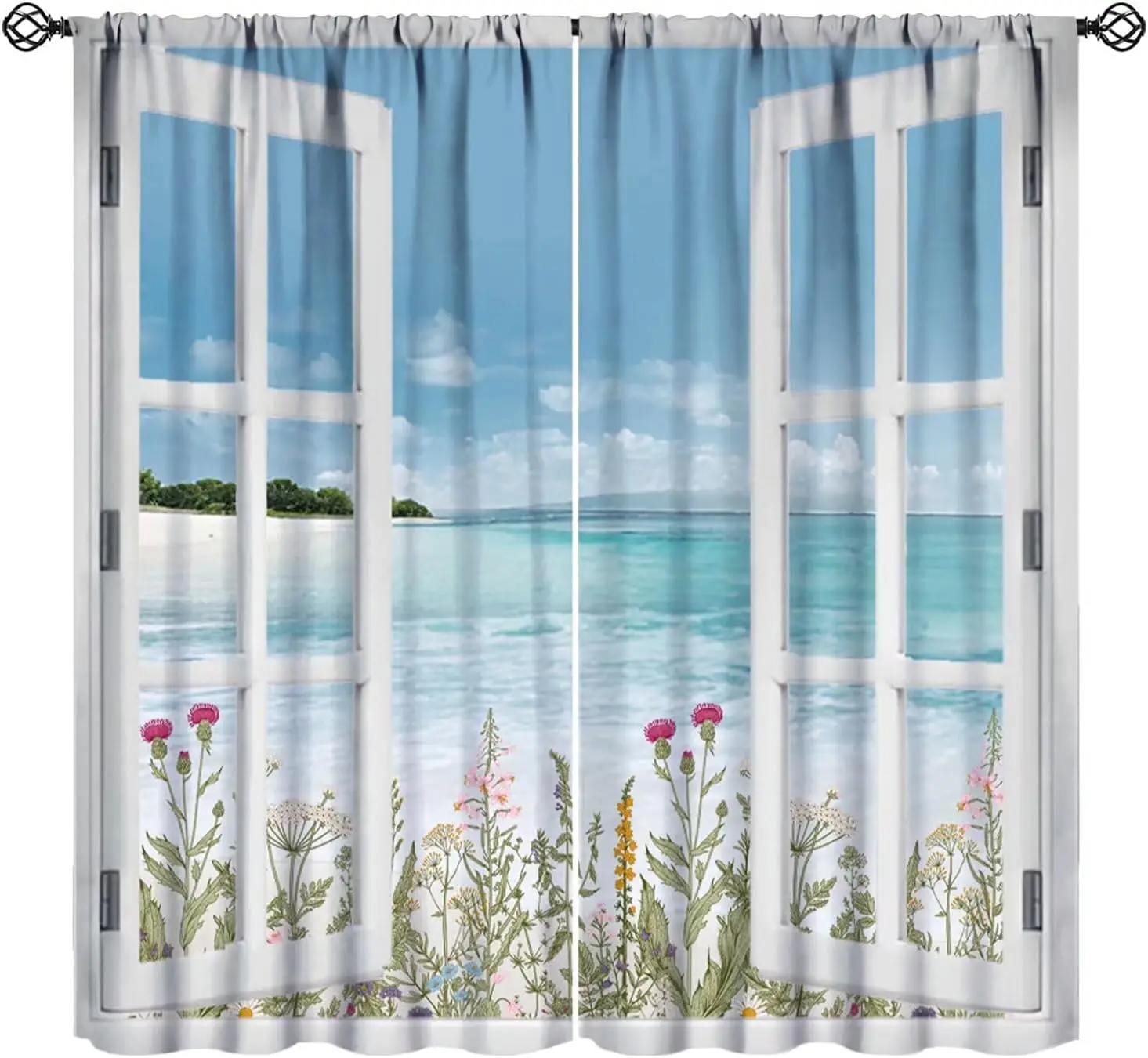 Polyester Tropical Coastal Beach Curtains Floral Meadow Window Drapes Ocean View Panels Waterproof Curtains for Bedroom Living R