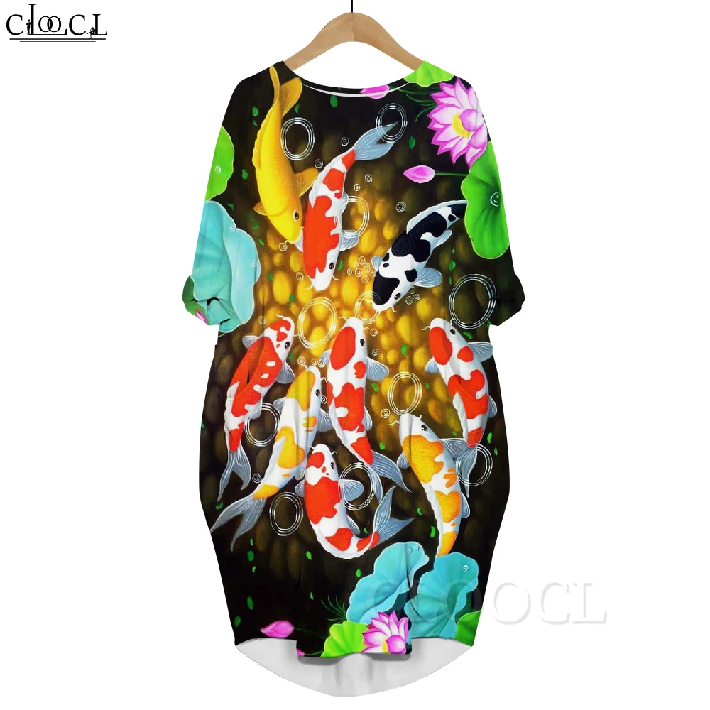 

CLOOCL Women Long Sleeve Dress Koi Fish Print Dresses Fashion Casual Loose Knee-Length Dress Round Neck Bat Pocket Dresses