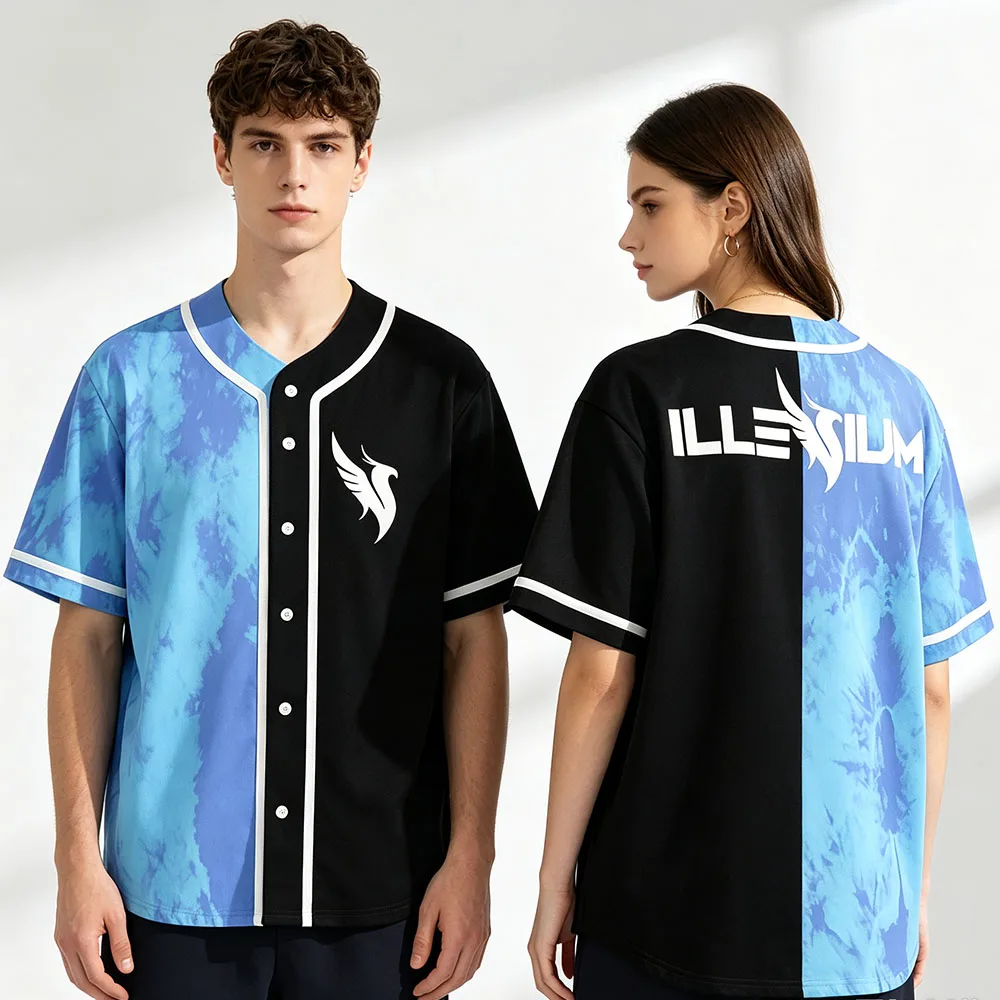 ILLENIUM Logo Graphic Print Baseball Jersey Button‑Up Mesh Shirts Phoenix Design Fashion Unisex Streetwear  Casual Sports Tops