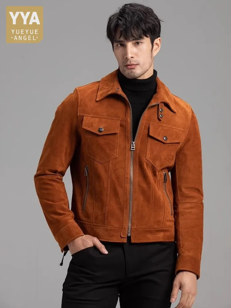 

Mens Vintage Lapel Genuine Leather Jacket High Quality Design Suede Sheepskin Cargo Short Coat Zipper Slim Fit Autumn Outerwear