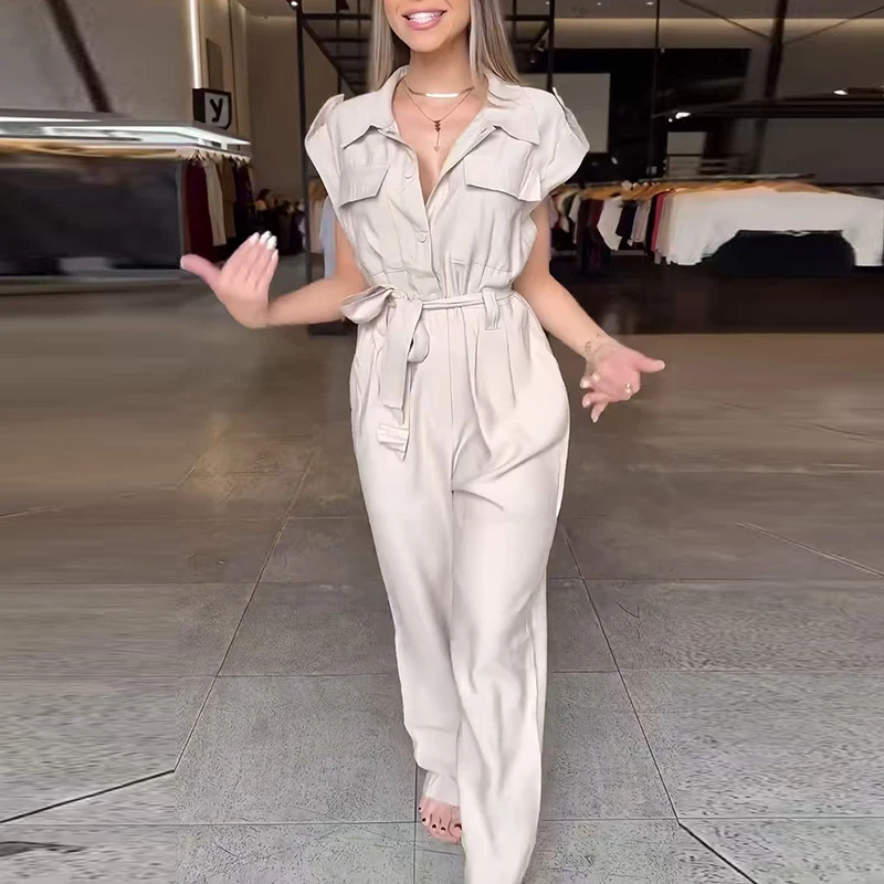 จั๊มพ์สูทคาร์โก้ผูกเชือกเรียบหรู แฟชั่นเอวสูงทรงหลวม สีพื้น แขนสั้น มีกระเป๋า สไตล์ลำลองสำหรับผู้หญิง รุ่นใหม่