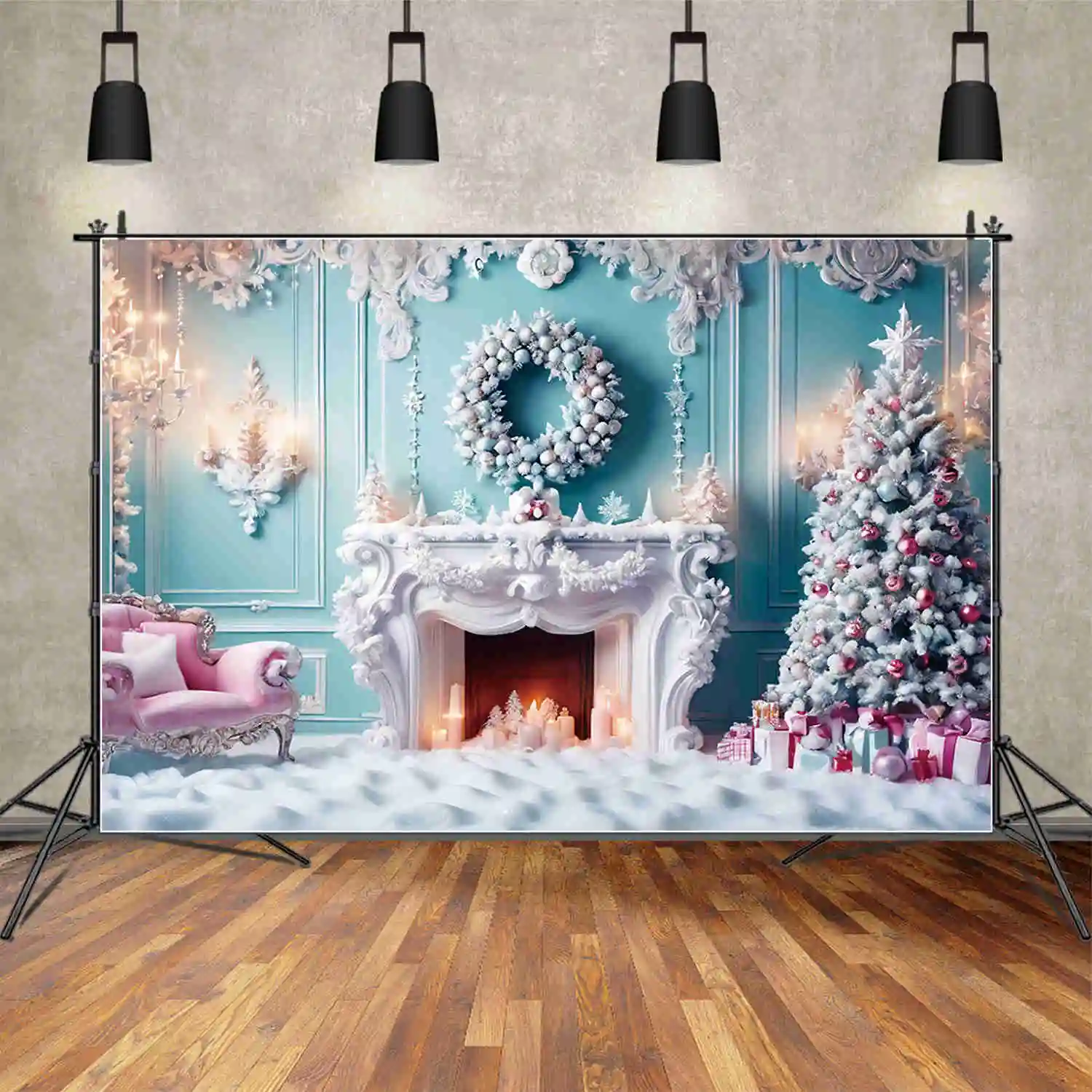 

MOON.QG Christmas Tree 2025 Backdrops Blue Living Room New Year Interior Fireplace Backgrounds Party Decor Photography Props