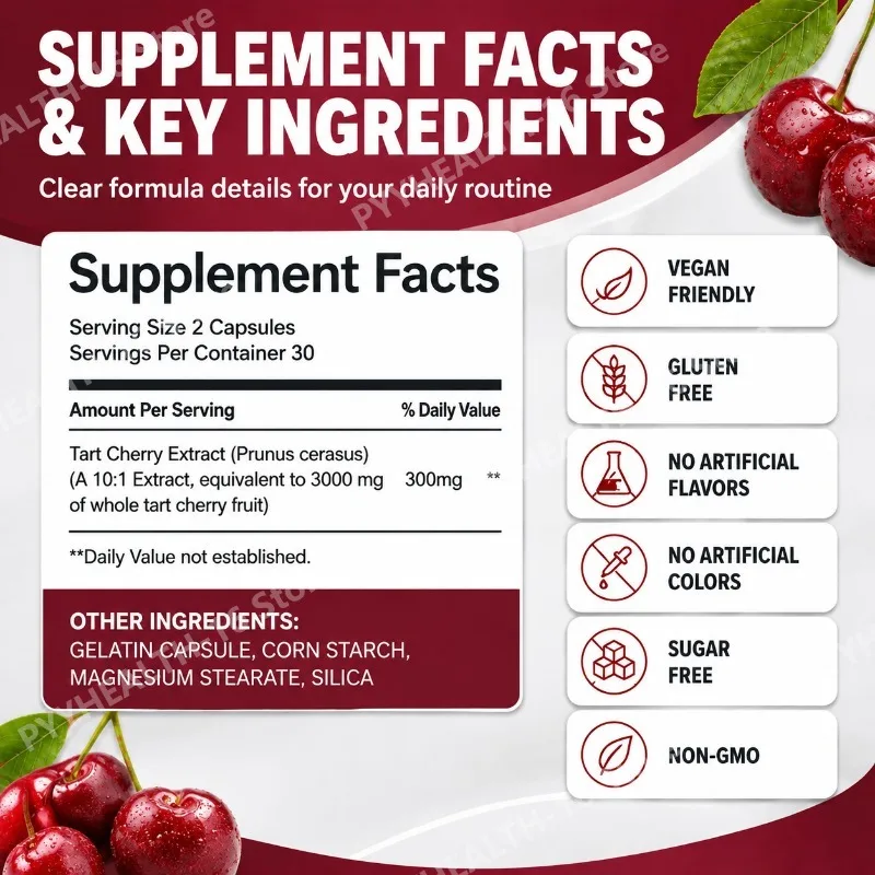 Docteat Tart Cherry Extract Capsules for Antioxidant Wellness and Balanced Uric Acid Levels, Joint Function Support, 60 Capsules
