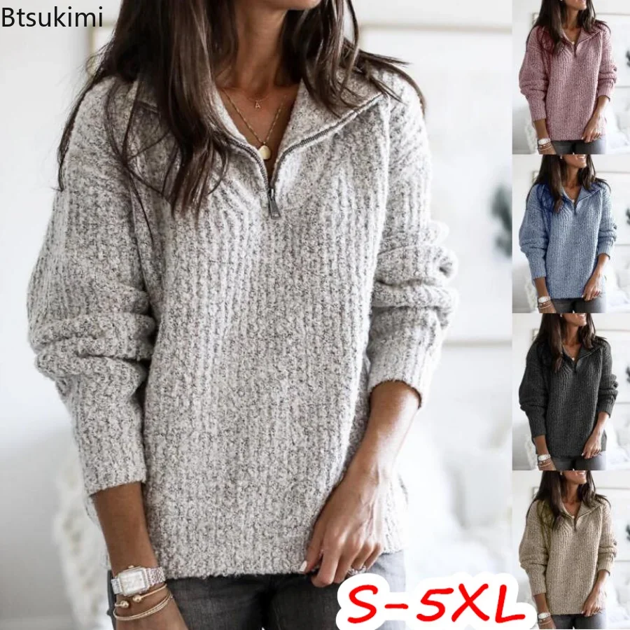 Autumn Winter Warm Pullover Sweater Women Fashion Solid Long Sleeve Knitwear Zip Neck Loose Knitted Sweater Jumper Top S-5XL