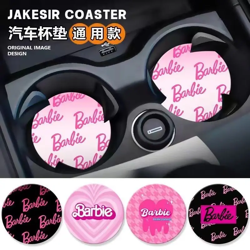 Miniso Barbie Car Coasters Cartoon Fashion Waterproof Wear-Resistant Water Cup Mat Pad Kawaii Automotive Supplies Car Accessory