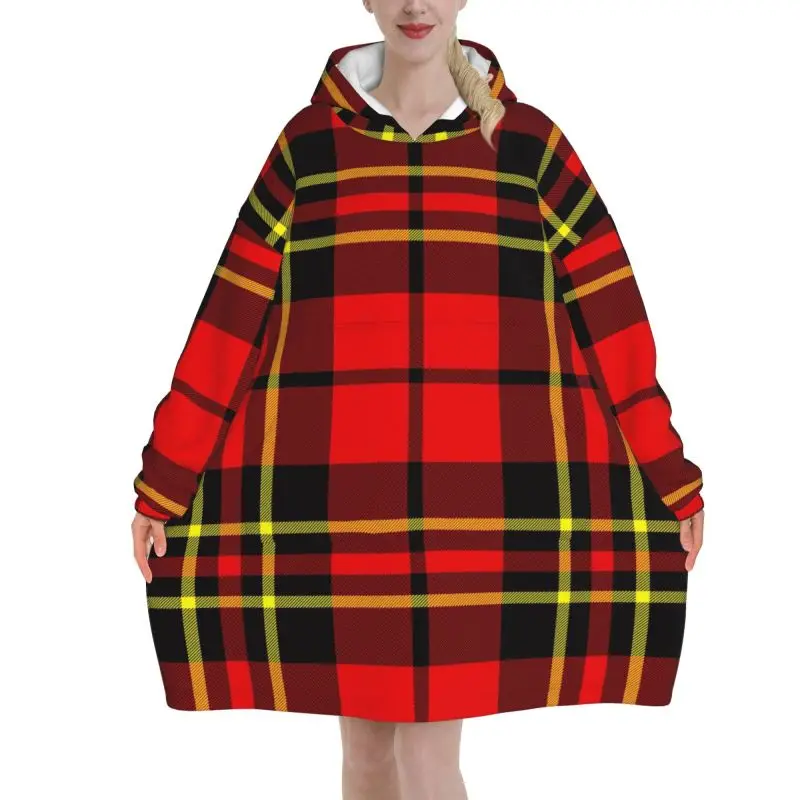 Red Black Tartan Check Scottish Pattern Blanket Hoodie Women Fleece Oversized Sweatshirts Sherpa Wearable Blankets with Pockets
