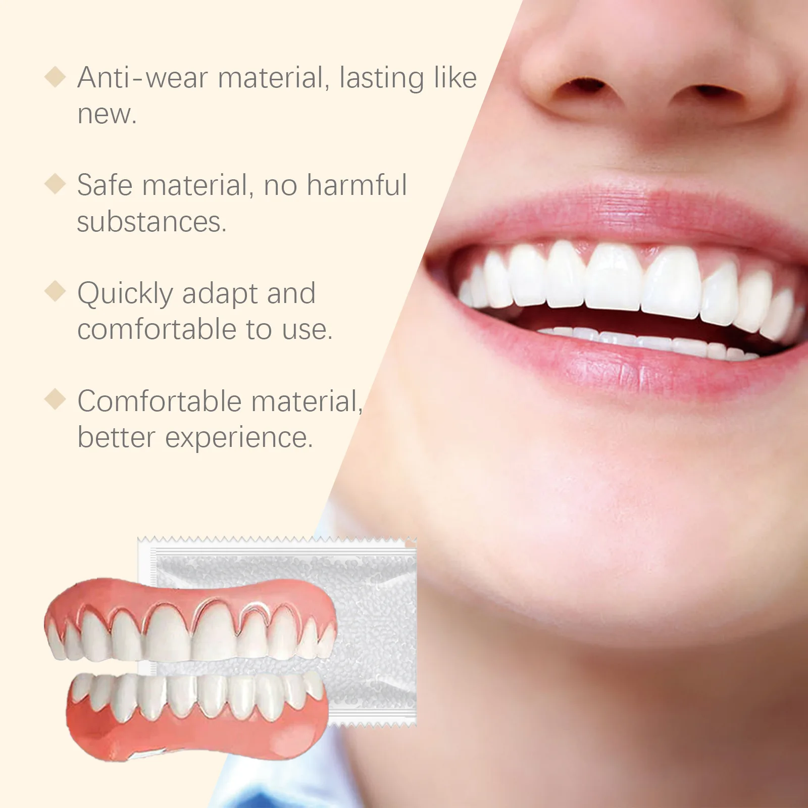 مجموعة كاملة من أطقم الأسنان المصنوعة من السيليكون الناعم تعمل على تحسين فقدان الأسنان وتقليل مسافة الأسنان وإصلاح تقويم الأسنان المؤقتة الجزء العلوي السفلي /,/;o