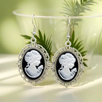 Fashion Silver Retro Oval Relief Ladies' Cameo Dangle Earrings For Women Gothic Charm Jewelry Accessories Gifts