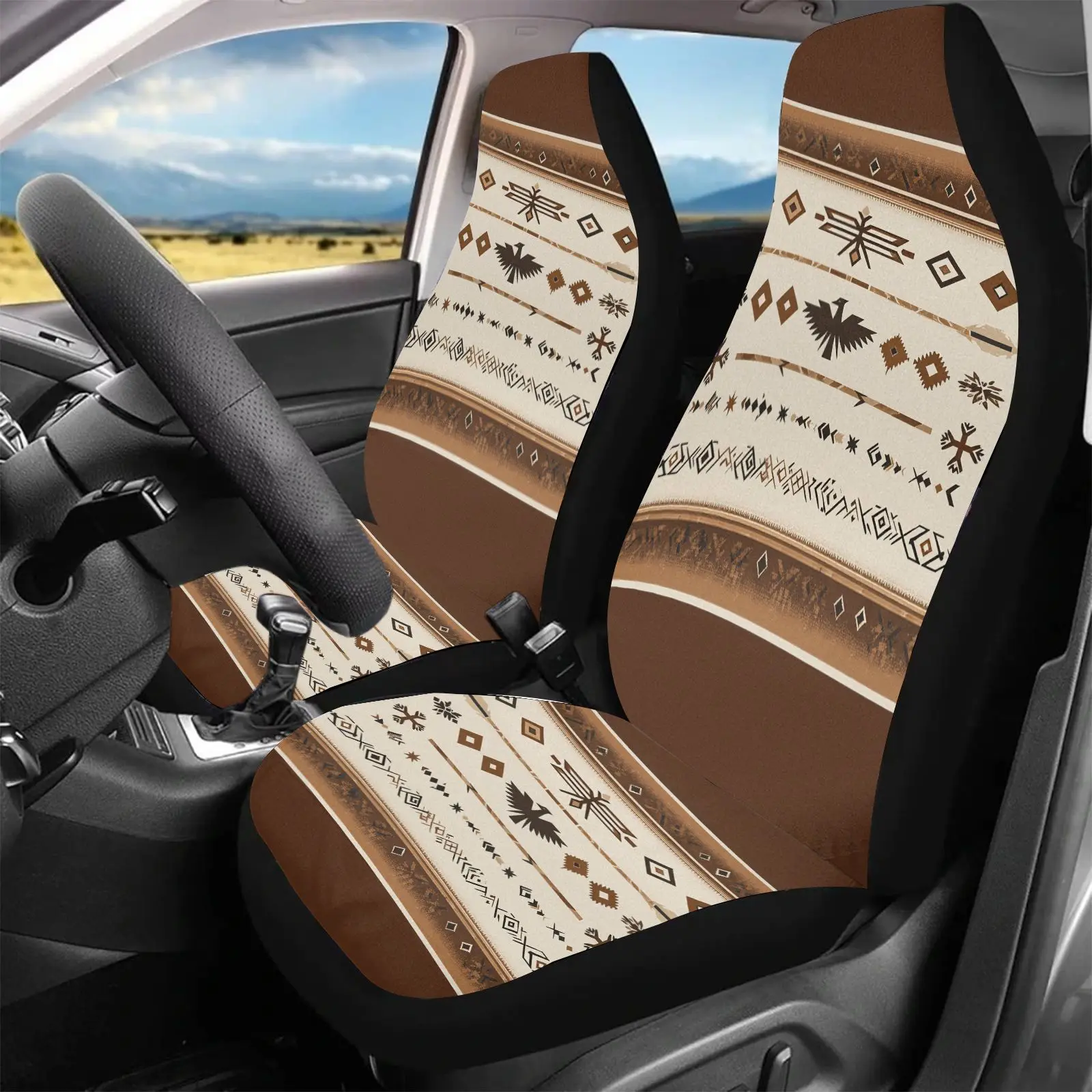 Car Seat Covers Brown And Beige With Tribal Pattern And Eagle Design For Car Interior Decor