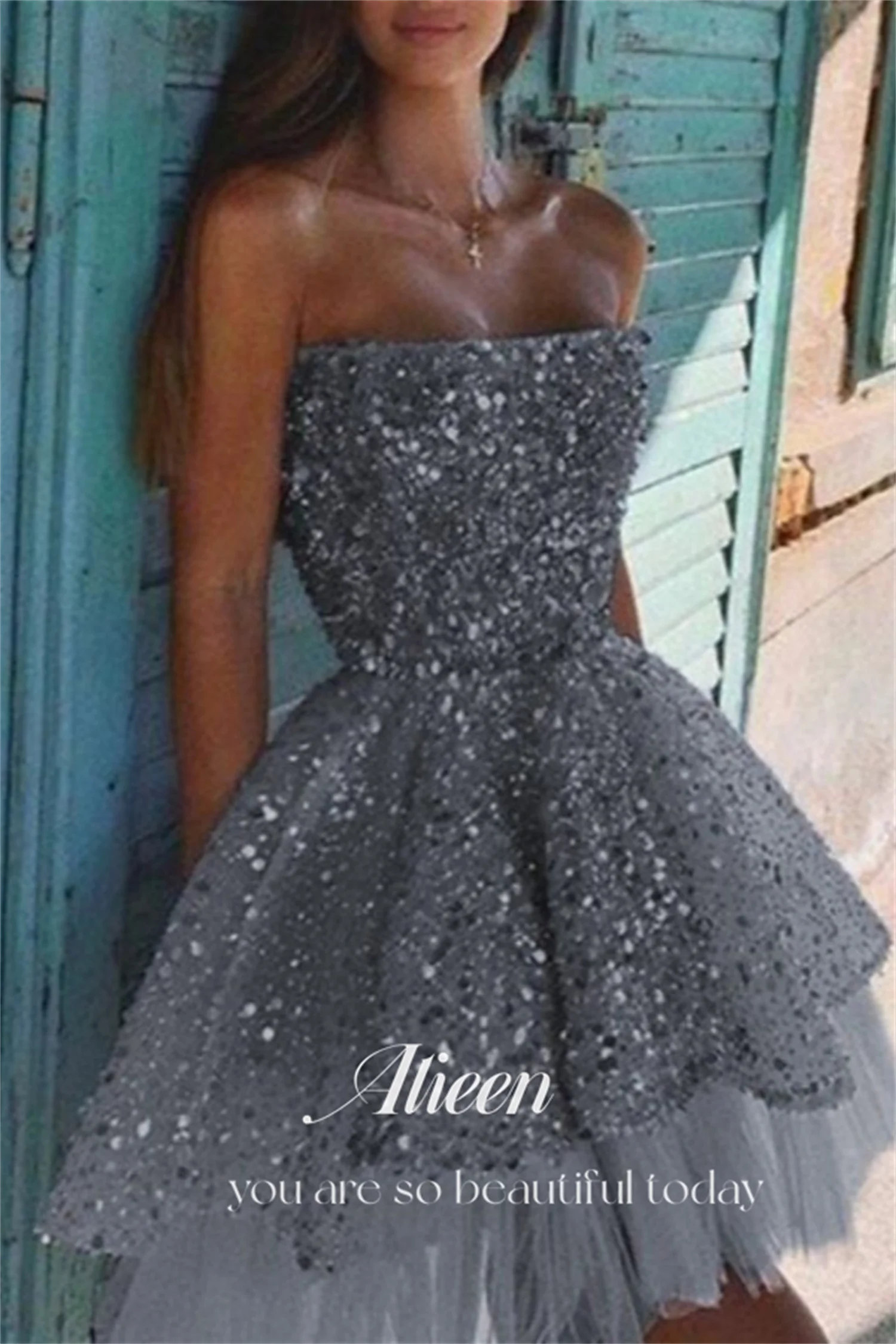 

Aileen Grey Bead Embroidery Short Style Shiny Strapless Dresses Gala Wedding Party Dress Evening Elegant Woman Prom 2024 Saudi