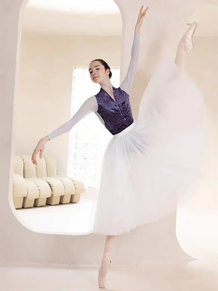 

80 CM Long Professional Ballet Tutu White Black 3 Layers Mesh Adult Ballerina Dance Elastic Waist Expansion Tulle Ball Skirt