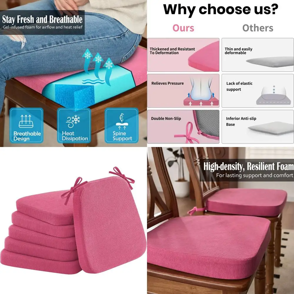 

Набор из 6 безвредных гель, 2 толстых, нескользящих, съемных и моющихся подушек для сидений для столовой, кухни, офисных стульев, 17 x 16, Rose Re