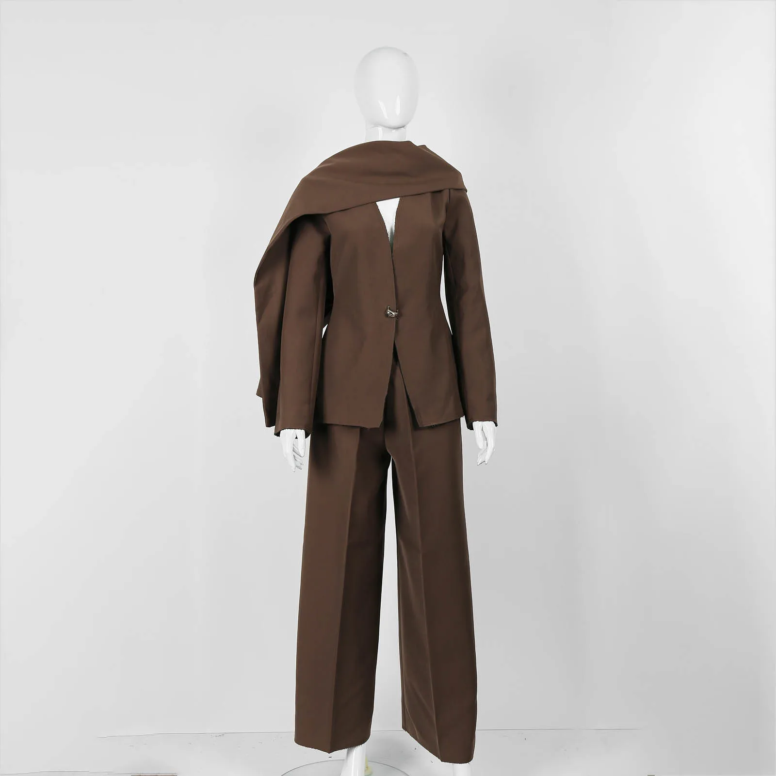 

Женский коричневый пиджак и брюки с шалью, весна 2025 г., модный офисный женский элегантный костюм с широкими штанинами на одной пуговице, модный повседневный костюм