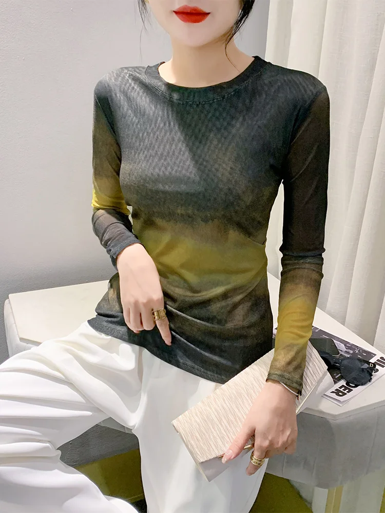 Ele Anti-Aging Tie-Dye Print Lange Sve T-shirt Frauen Sexy Me Atmungsaktive Abnehmen Taille Design Faionable Basis irt