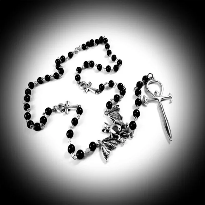 Gothic Rosary Vampire Bat & Ankh Pendants Black Beads Long Necklace 2022 Trendy women Luxury Jewelry