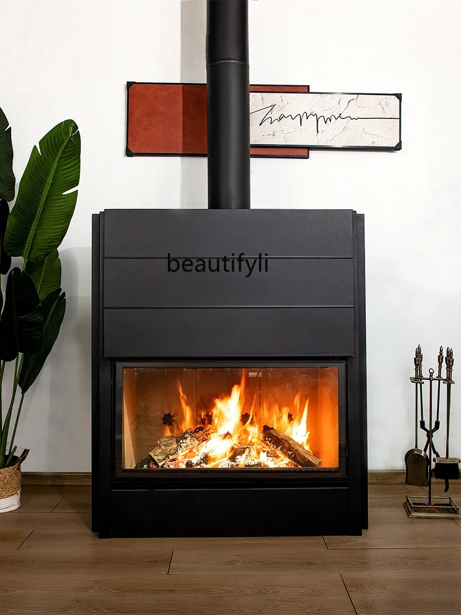 Villa Slide Door Fireplace Real Fire Wood Embedded Wood Heater European Living Room Decoration Stove