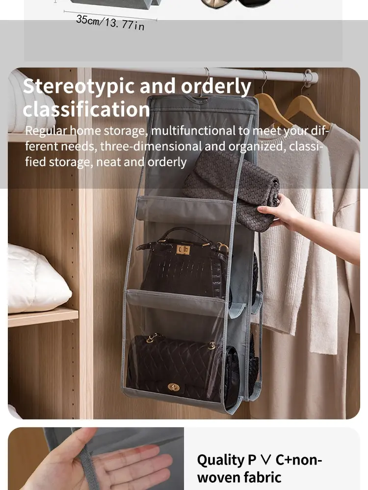 6 Pocket Hanging Handbag Organizer For Wardrobe Closet Gray Waterproof Storage Bag Door Wall Clear Sundry Bag With Hanger Pouch