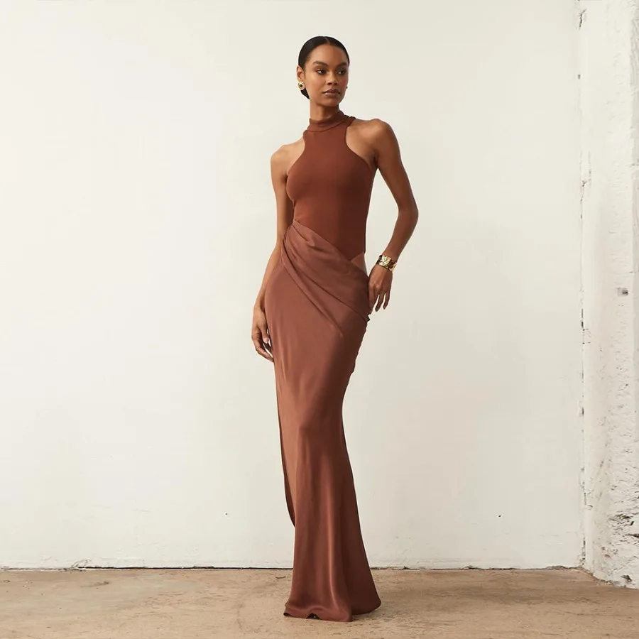 

【New style】Fashion new style women's clothing fashionable semi-high collar sleeveless slim splicing hollowed-out hip dress