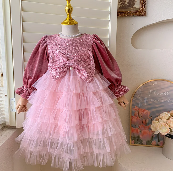 Retail New Baby Girls Boutique Pink Velour Fleece  Mesh Tutu  Flower Dress, Princess Kids  Elegant Party Birthday Dress  2-6T