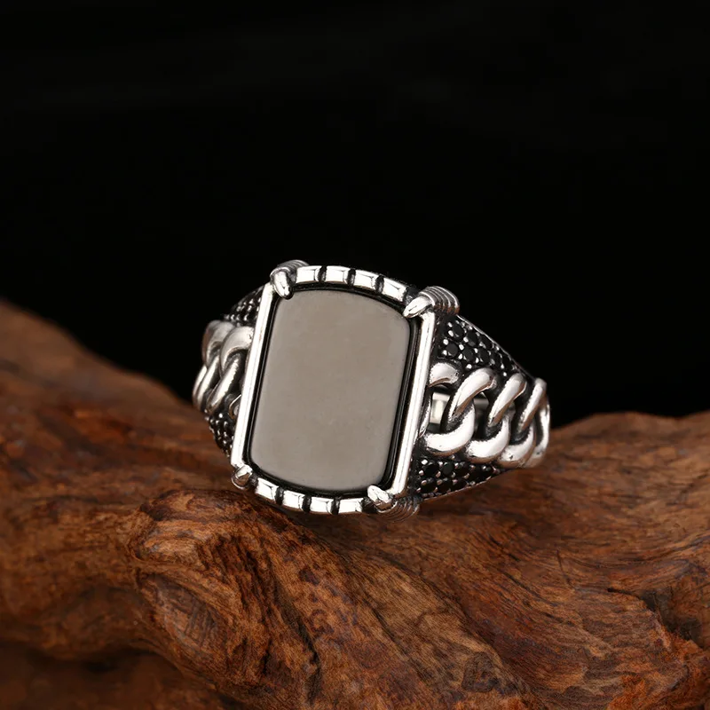925 Sterling Men And Women, Chain Black Agate Ring, Open-End Thai Silver Vintage Jewelry