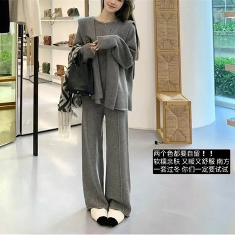 Autumn Winter Women\'s Knitted Sweater and Pants Set French Casual Solid Color Shawl Pullover Sweater Trousers 2pcs Matching Set