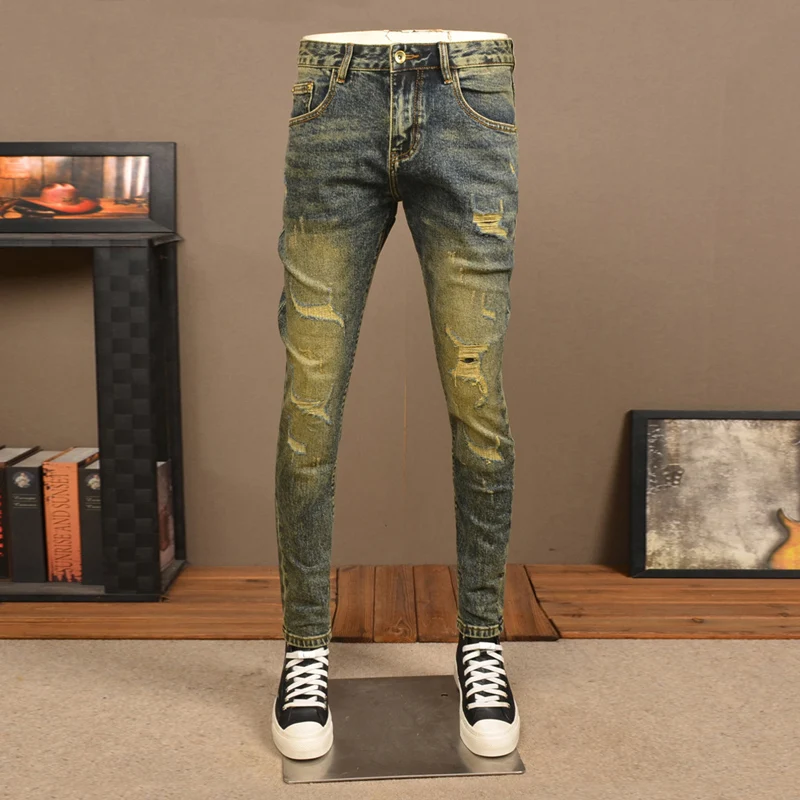 

High Street Fashion men's jeans retro washed blue stretch tight tear jeans men's retro designer patch denim pants Hombre