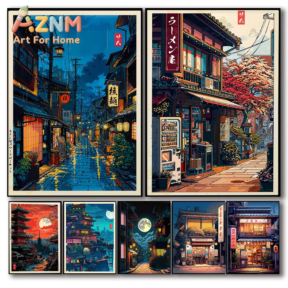 Anime Ramen Shop Food Illustration Canvas Print Tokyo City Street View Wall Poster for Modern Living Room Kitchen Home Decor