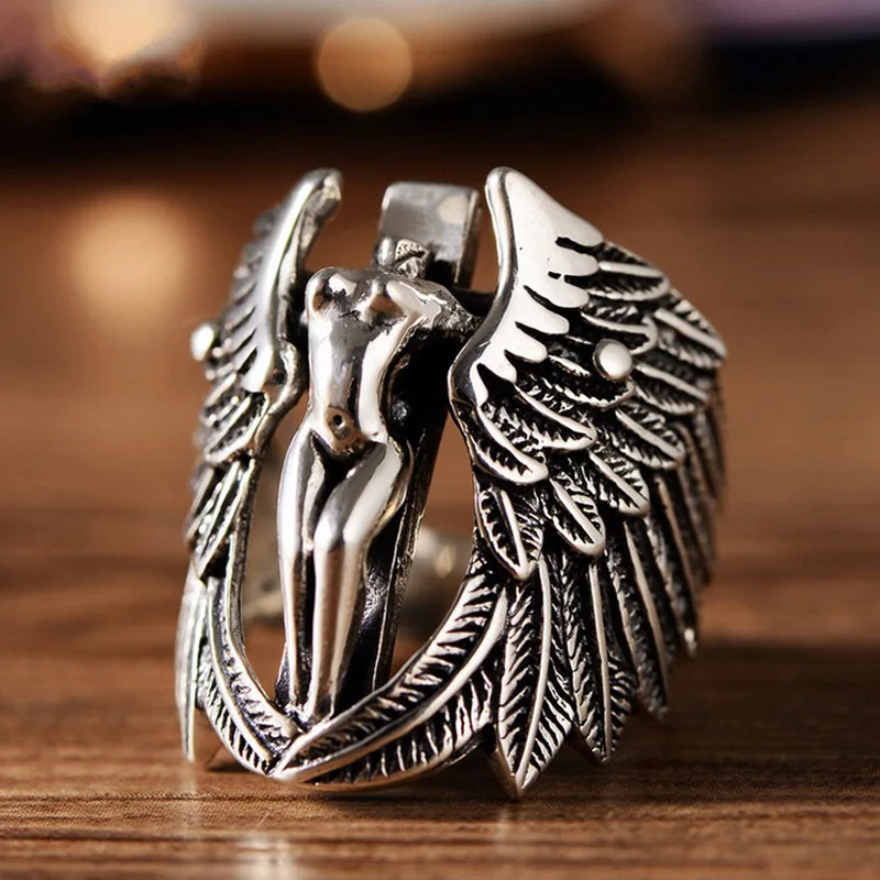 Retro Cross Angel Wings Ring For Men Silver Color Punk Gothic Open Ring Handmade Rock Hiphop Unisex Jewelry Accessories Man Gift