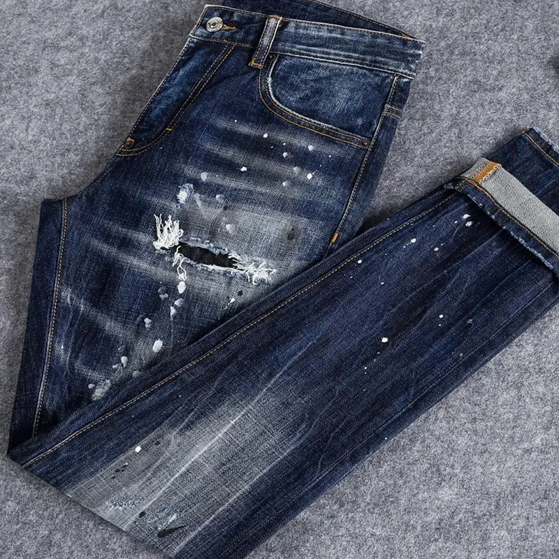 y2knew men's jeans stretch slim fit painted perforated patch washed blue jeans high street designer hip-hop brand splic