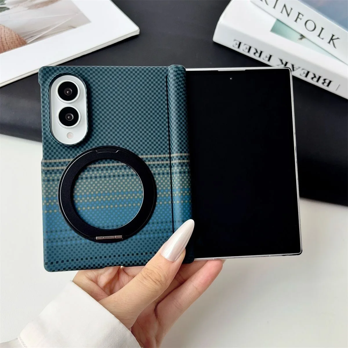 Color Blocking Woven Texture Slim Rotating Kickstand Case for Samsung Galaxy Z Fold 7 8Ultra 8Wide for Magsafe Shockproof Cover