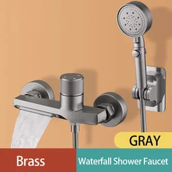 Waterfall Bathtub Faucet Set Handheld Shower Head Wall Mounted Brass Bathroom Tub Filler Waterfall Spout Hot and Cold Mixer Tap