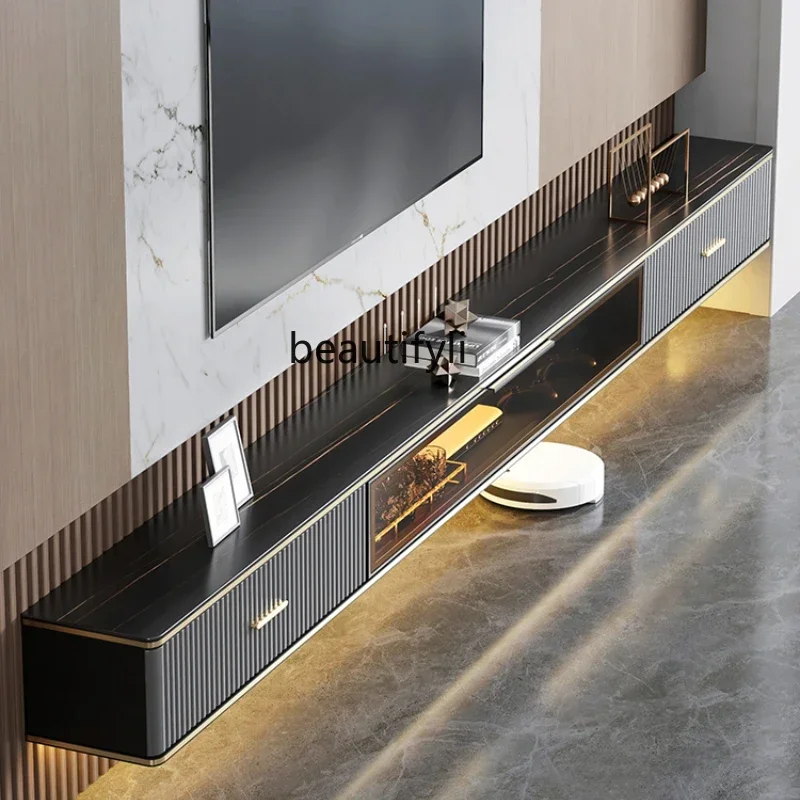 

Modern Simple Small Apartment Living Room Light Luxury Stone Plate Coffee Table Combination Wall Cabinet