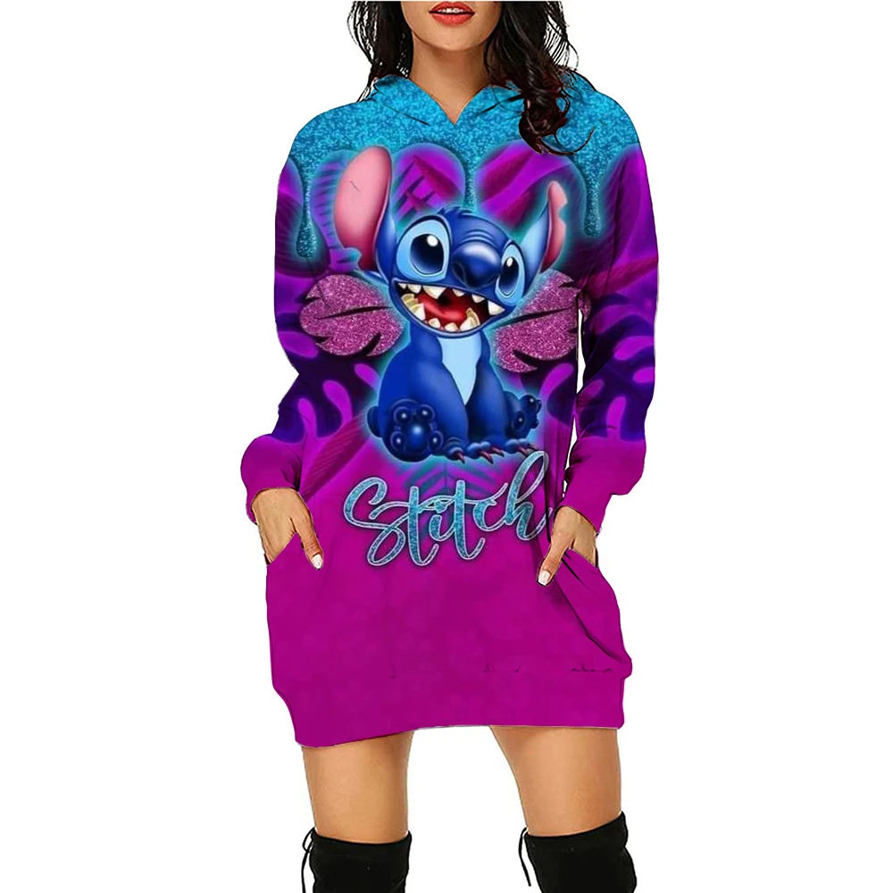 Kawaii Disney Stitch Damen Hoodies Kleid Damen Mode Freizeit S-3XL Jugendliche Frau Kleidung Schöner schwarzer Hoodie Winter Y2k