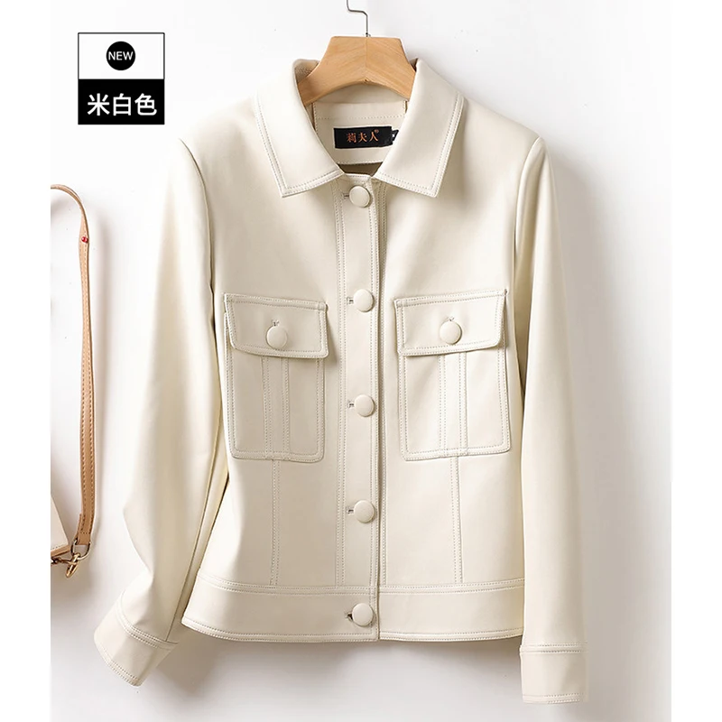 Women's Vintage Faux Leather Jacket Classic Turn-Down Collar Button Pocketed Short Coat Loose Streetwear Outwear for Fall 2026