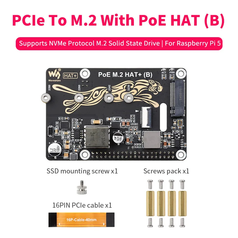 PoE HAT(B)가 포함된 M.2에 대한 Raspberry Pi 5 PCIe는 NVMe 프로토콜 M.2 솔리드 스테이트 드라이브를 지원합니다. 고속 읽기 쓰기 Pi 5 PoE HAT