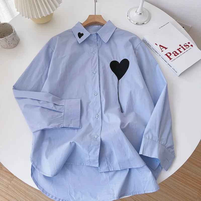 Long Sleeve Shirts Women Korean Style Minimalist Heart Print Embroidery Preppy Aesthetics Camisas Fashion Clothing 3-Colors Ins