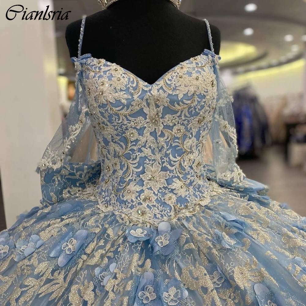 Vestido De quinceañera De manga larga, traje azul claro con cristales, tirantes finos, apliques De flores en 3D, corsé, 15 Años