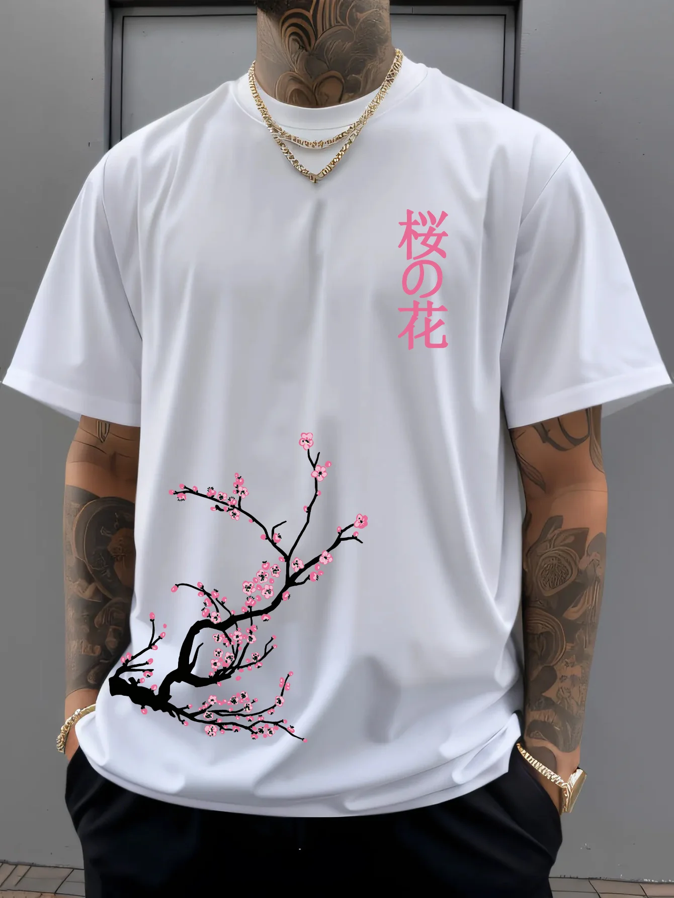 100% Baumwolle Herren Sommer T-Shirt Weicher Atmungsaktiver Komfortabler Stoff Schönes Kirschblütenmuster Geeignet für Tägliches Freizeit-Tragen