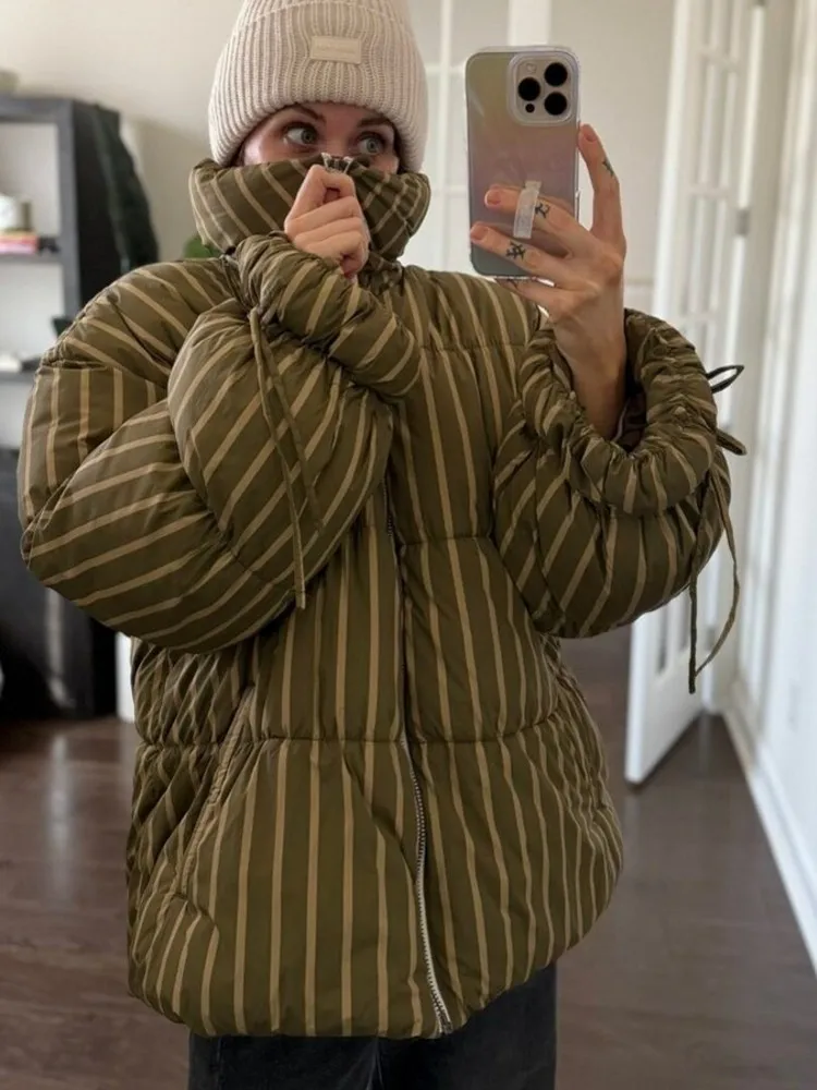 

Warm Parkas Women Long Coats 2025 Autumn Winter Stripe Print Long Sleeve Coat Khaki High Waist Casual Elegant Y2k Jackets Thick