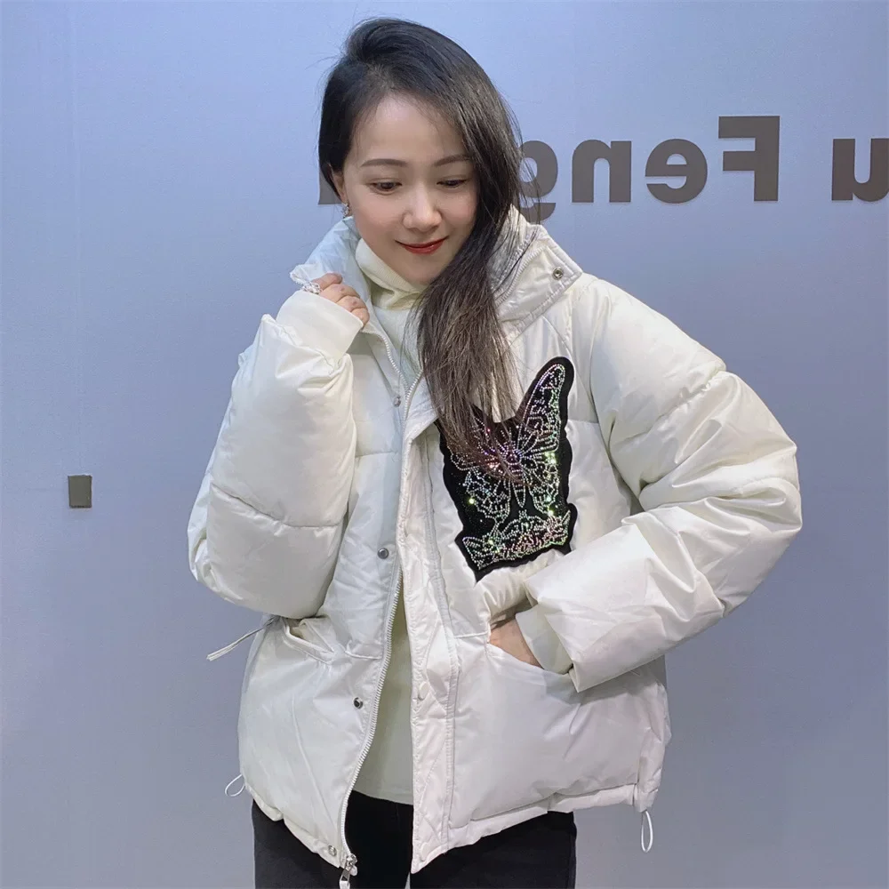 Fashion Autumn Winter Women Parkas Stand Collar Hot Drilling Butterfly Bread Coat All-match Long Sleeve Casual Wadded Jacket