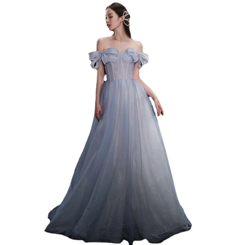 2022 Sexy Fairy Off-shoulder Blue Beading Evening Dresses Women Long A-line Tulle Formal Prom Party Gowns Vestidos De Fiesta