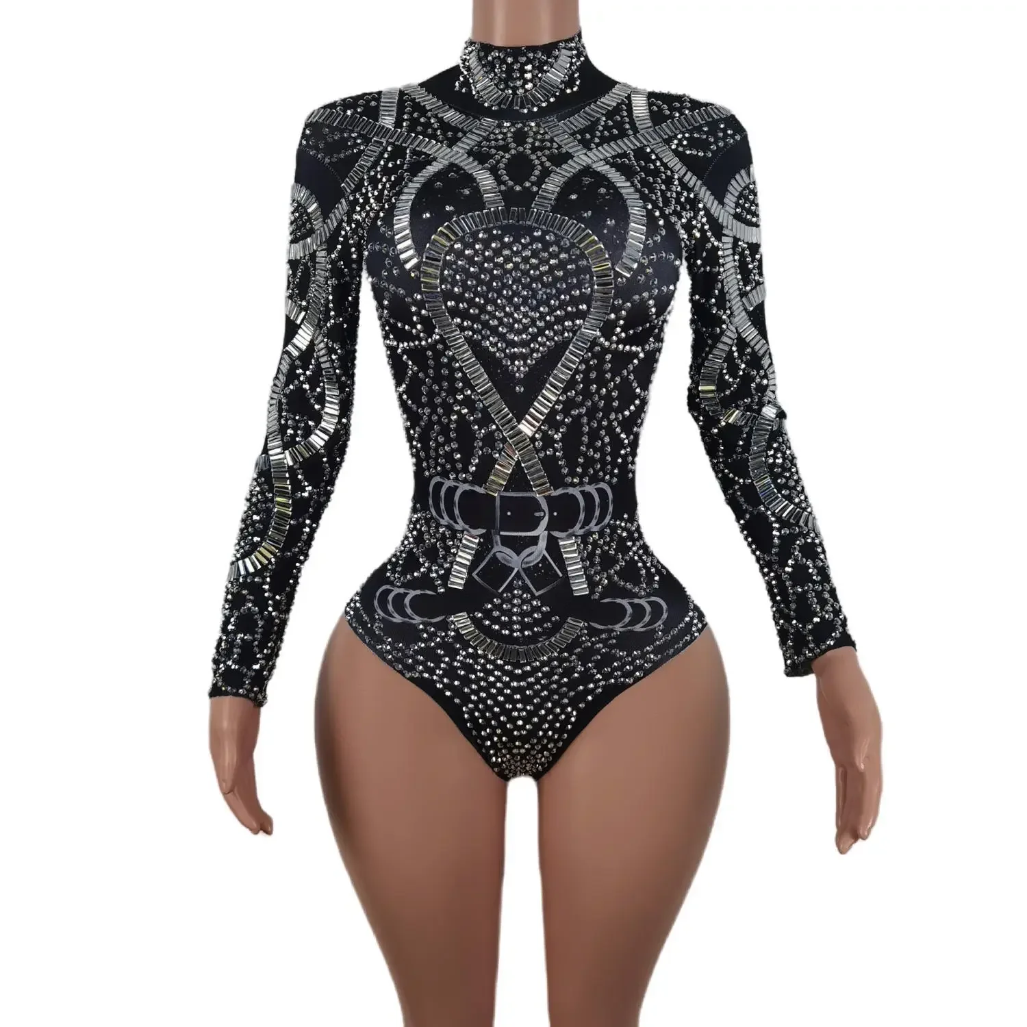 

Party Nightclub Women Crystals Elastic Leotard Silver Rhinestones Long Sleeve Bodysuit Bar DJ Singer Jazz Dance Team Costumes