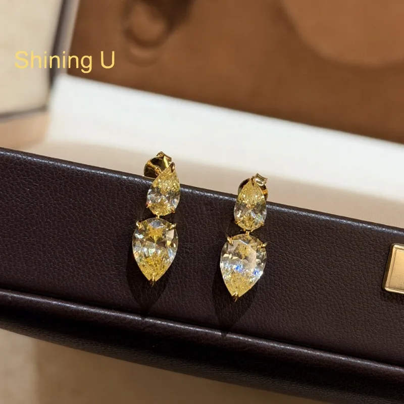 Shining U 925 Sterling Silver Yellow Pear High Carbon Dimond Drop Earrings for Women Fine Jewelry Summer